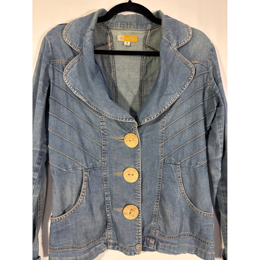 Retro Boho Tulle Denim Stitched Blazer Jacket Womens Small Blue - Picture 3 of 8